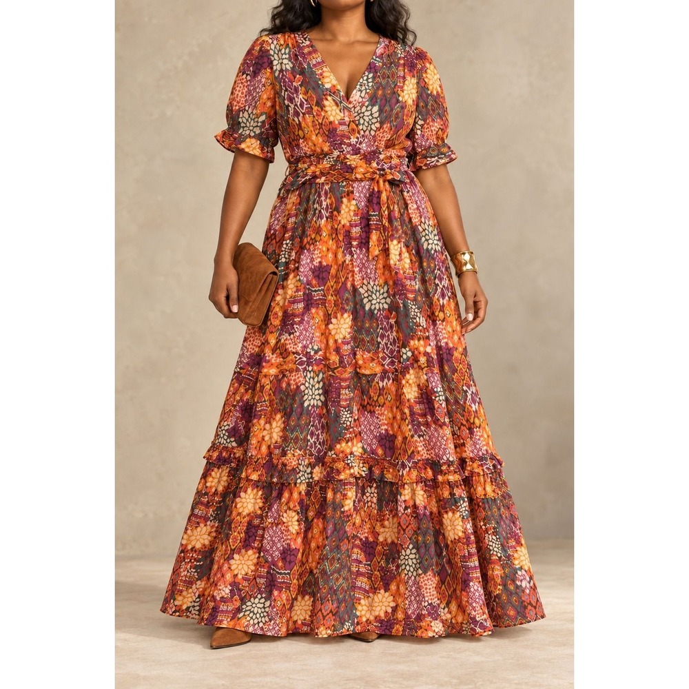 L 15 NWT Avara Boho Patchwork Print Cotton Blend Tiered Maxi Dress Puff Sleeve